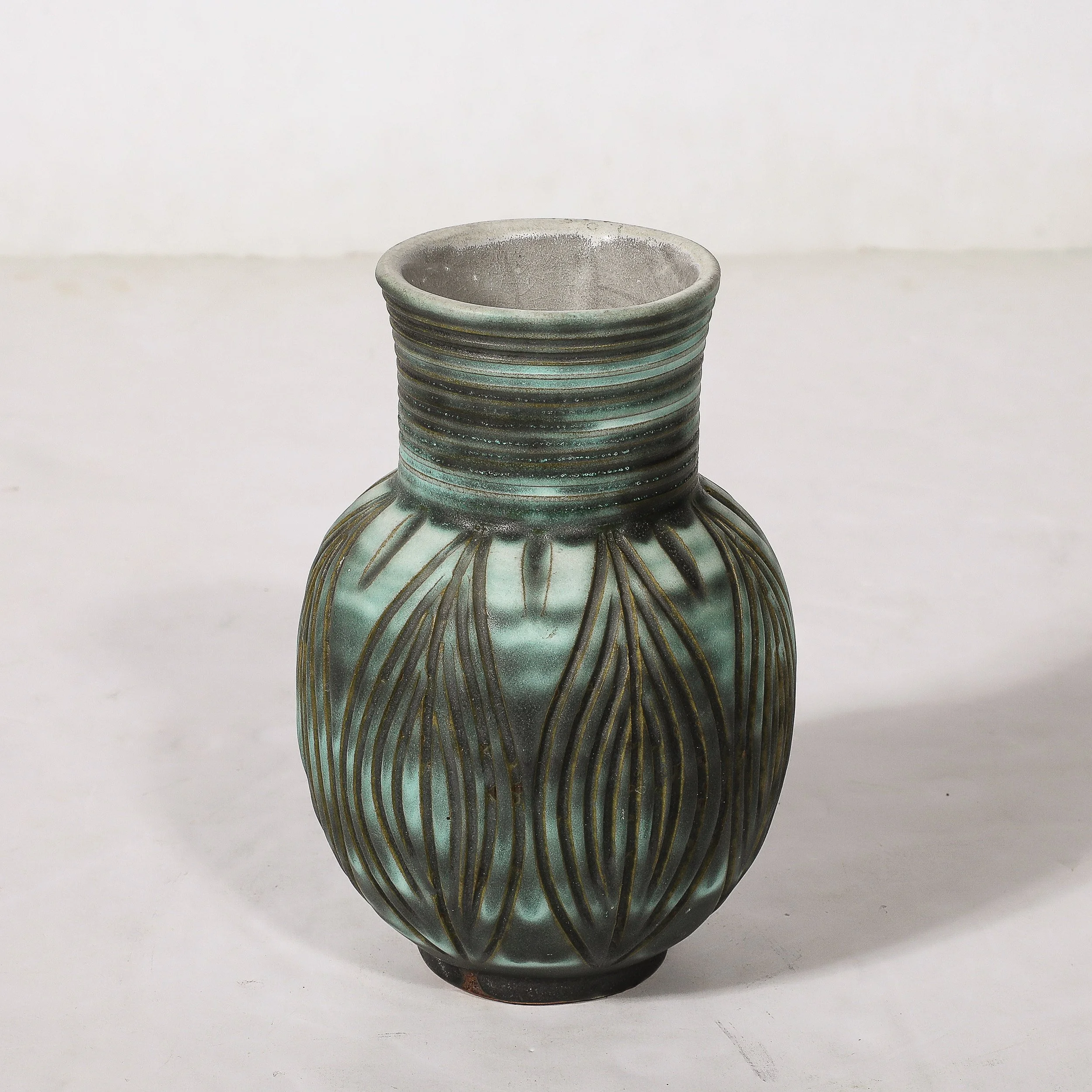NATURA ＆ stockarts. - antique umber Mid-Century Modernist Linear Grooved Teal/Smoked Umber Vase